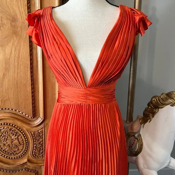 NWT Mac Duggal 26729 [12] Pleated Ruffled Cap Sleeve Cut Out Lace Up Gown Orange - Picture 9 of 12